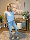Gossamer Blue Textured Bow Knot Frilled Butterfly Sleeve Blouse