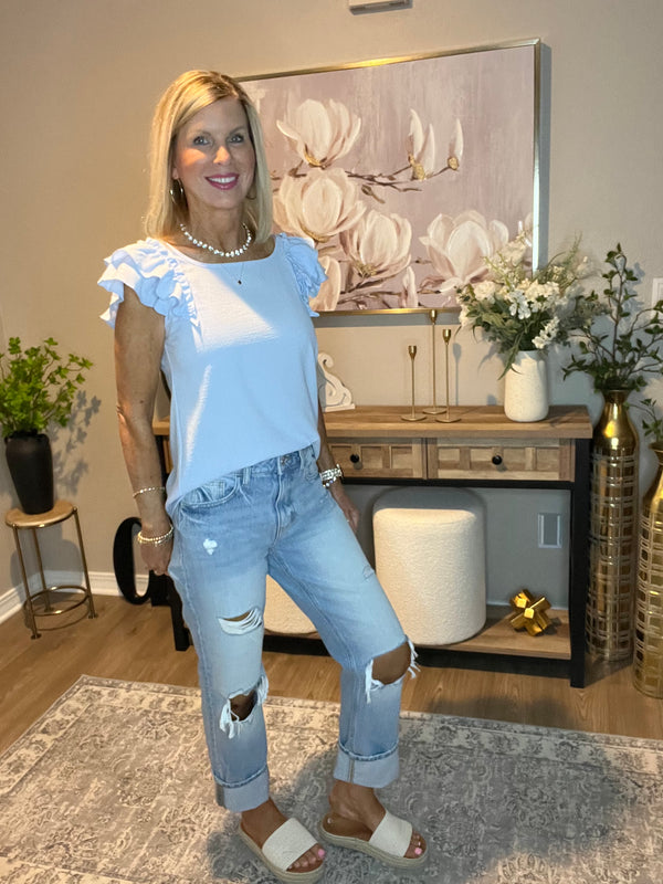 Gossamer Blue Textured Bow Knot Frilled Butterfly Sleeve Blouse