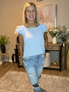 Gossamer Blue Textured Bow Knot Frilled Butterfly Sleeve Blouse