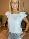 Gossamer Blue Textured Bow Knot Frilled Butterfly Sleeve Blouse