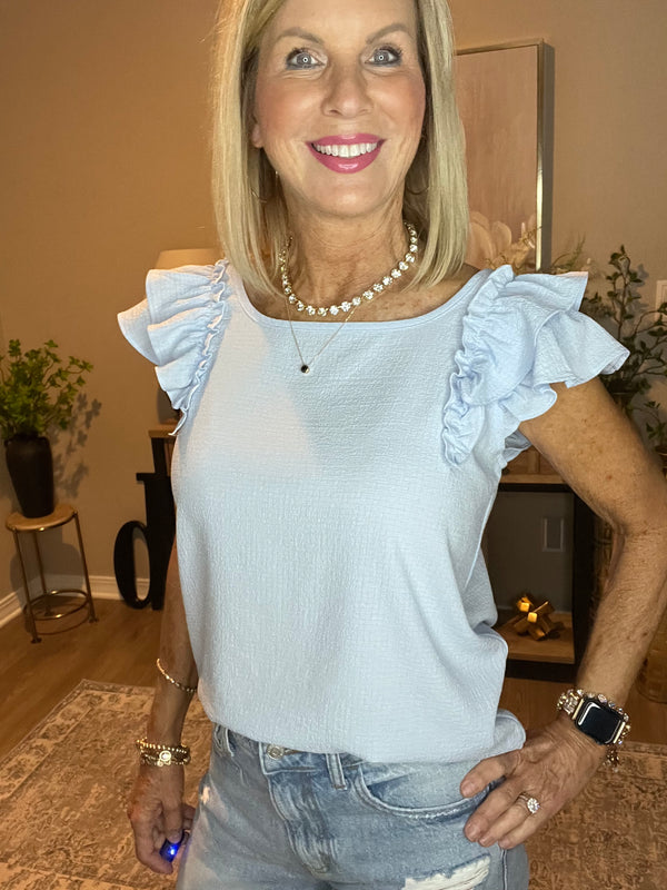 Gossamer Blue Textured Bow Knot Frilled Butterfly Sleeve Blouse