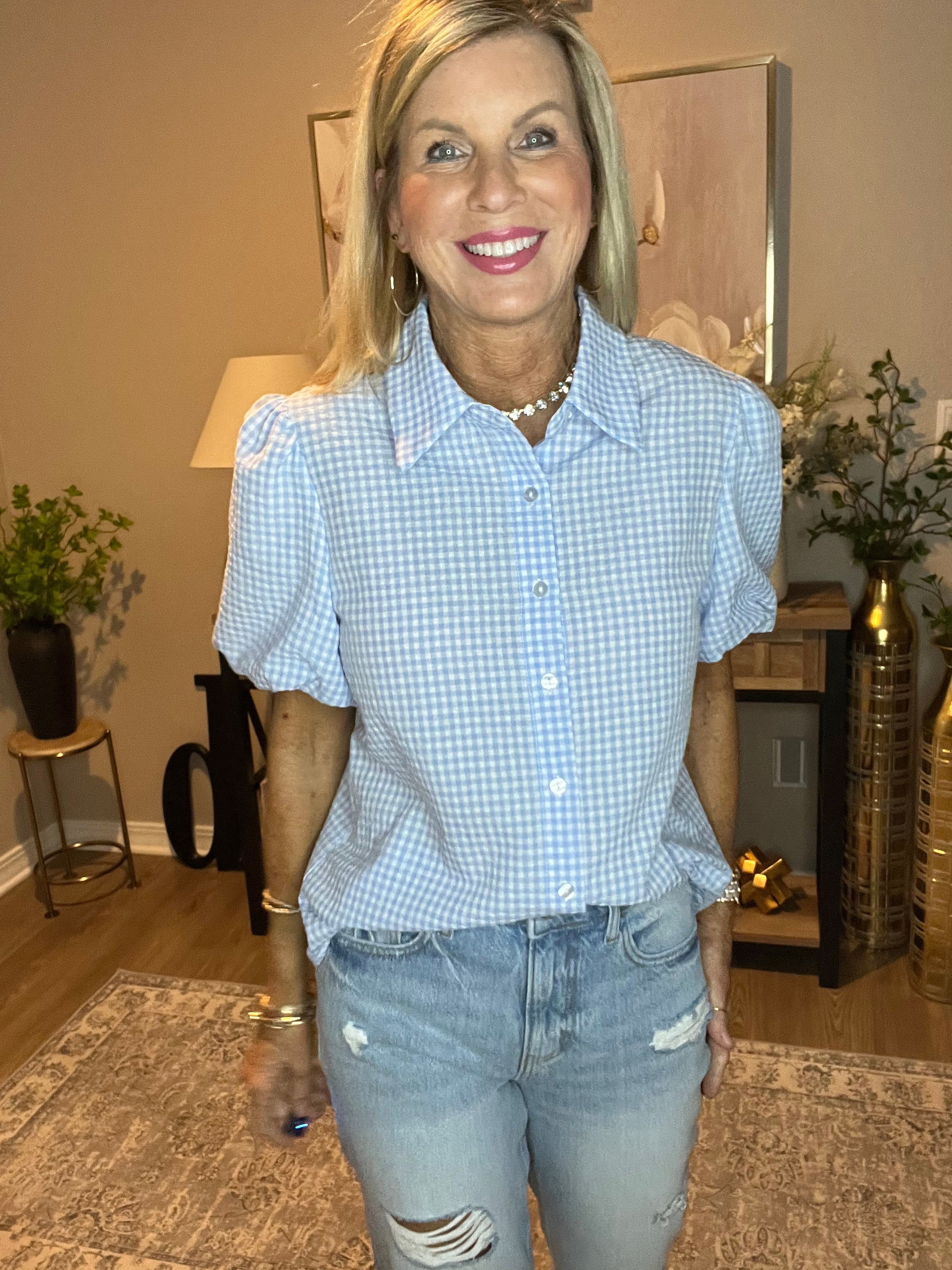 Light Blue Gingham Short Puff Sleeve Button Up Shirt