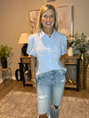 Light Blue Gingham Short Puff Sleeve Button Up Shirt