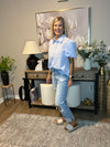 Light Blue Gingham Short Puff Sleeve Button Up Shirt