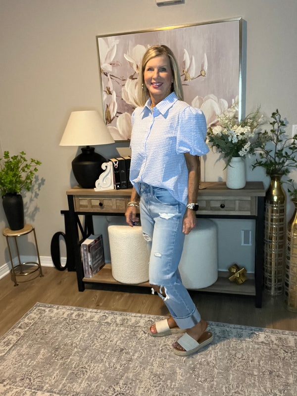 Light Blue Gingham Short Puff Sleeve Button Up Shirt