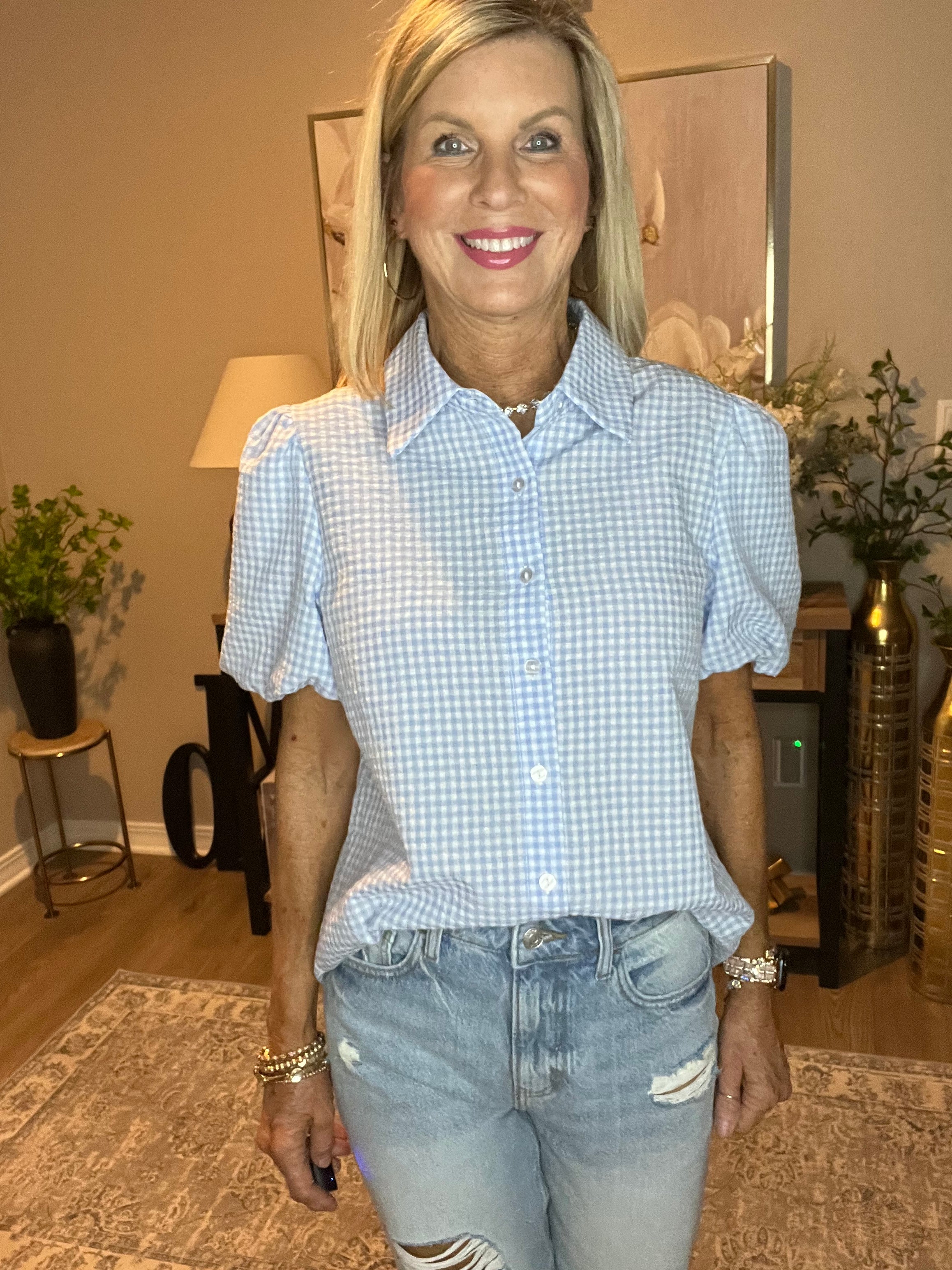 Light Blue Gingham Short Puff Sleeve Button Up Shirt