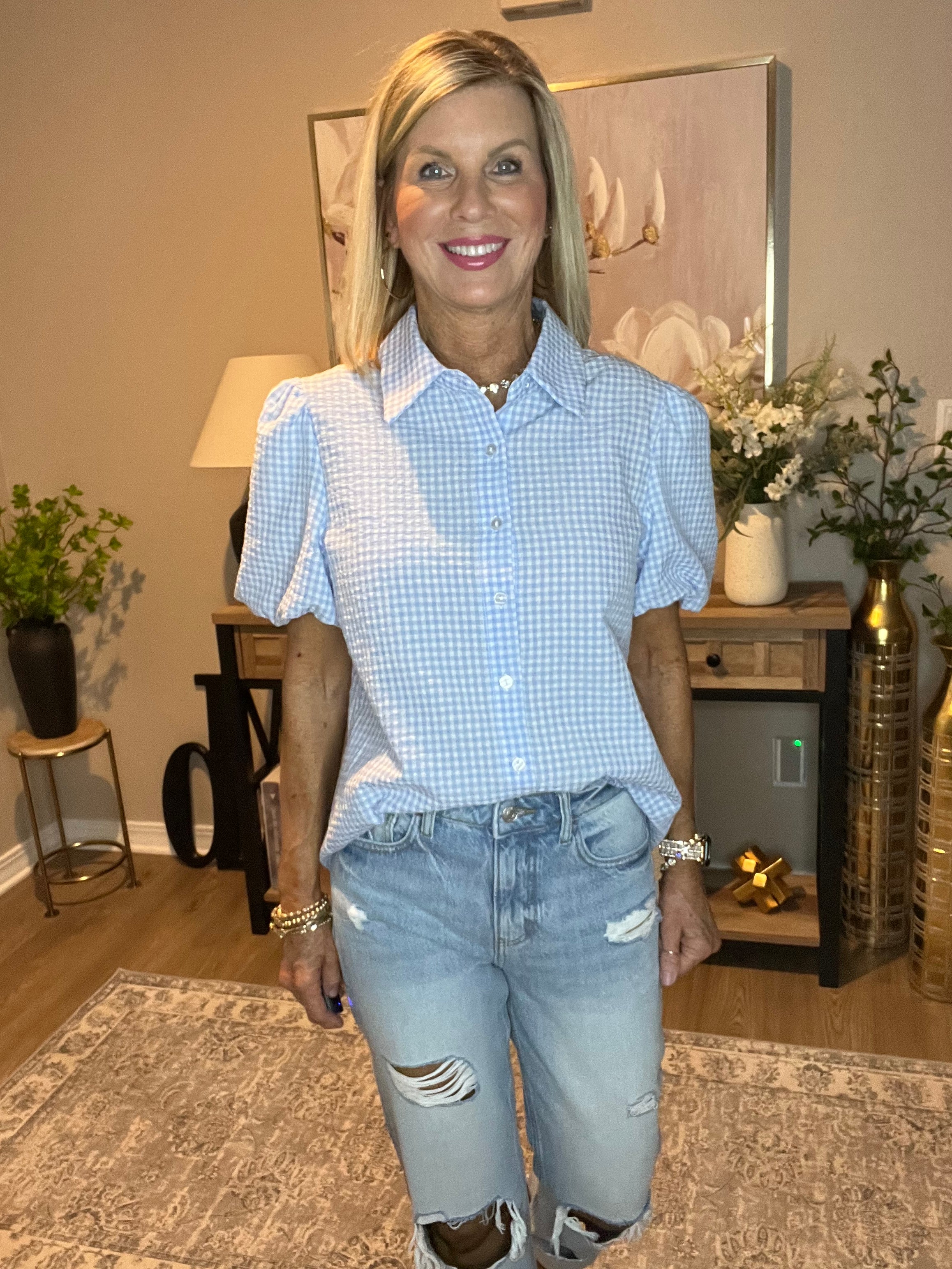 Light Blue Gingham Short Puff Sleeve Button Up Shirt