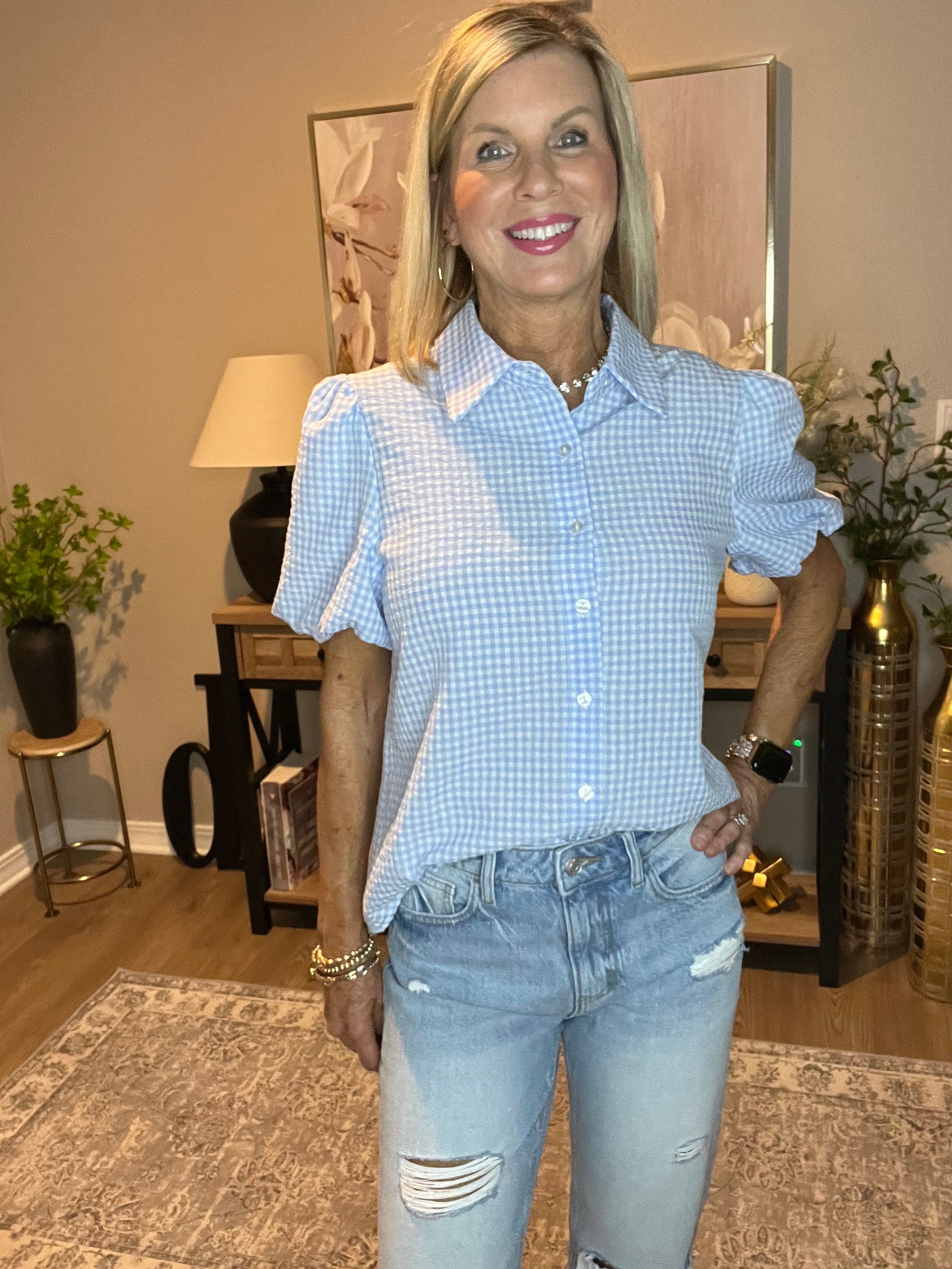 Light Blue Gingham Short Puff Sleeve Button Up Shirt