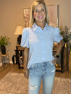 Light Blue Gingham Short Puff Sleeve Button Up Shirt