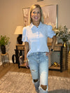 Light Blue Gingham Short Puff Sleeve Button Up Shirt