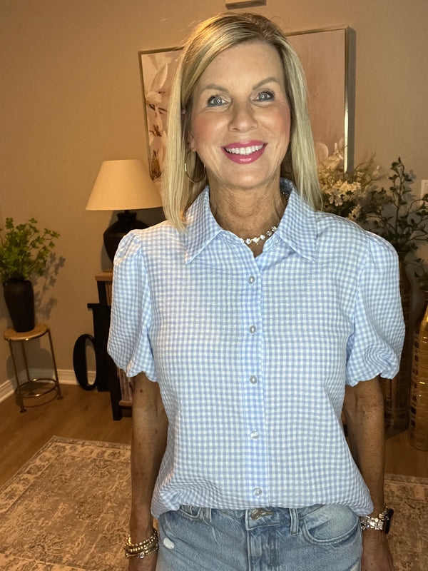 Light Blue Gingham Short Puff Sleeve Button Up Shirt