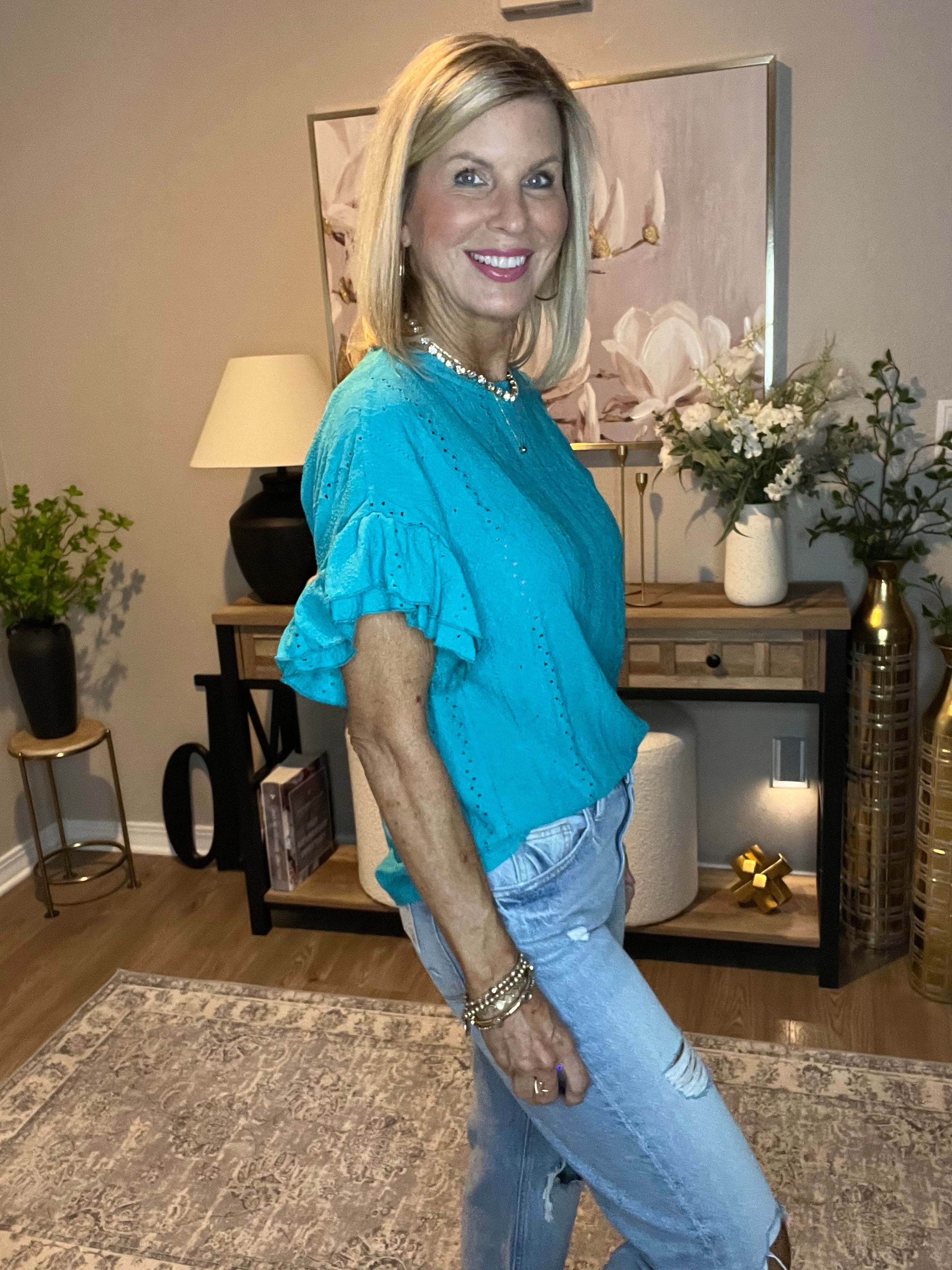 Solid Color Round Neck Lotus Leaf Sleeve Short-Sleeve Top 2 - Colors