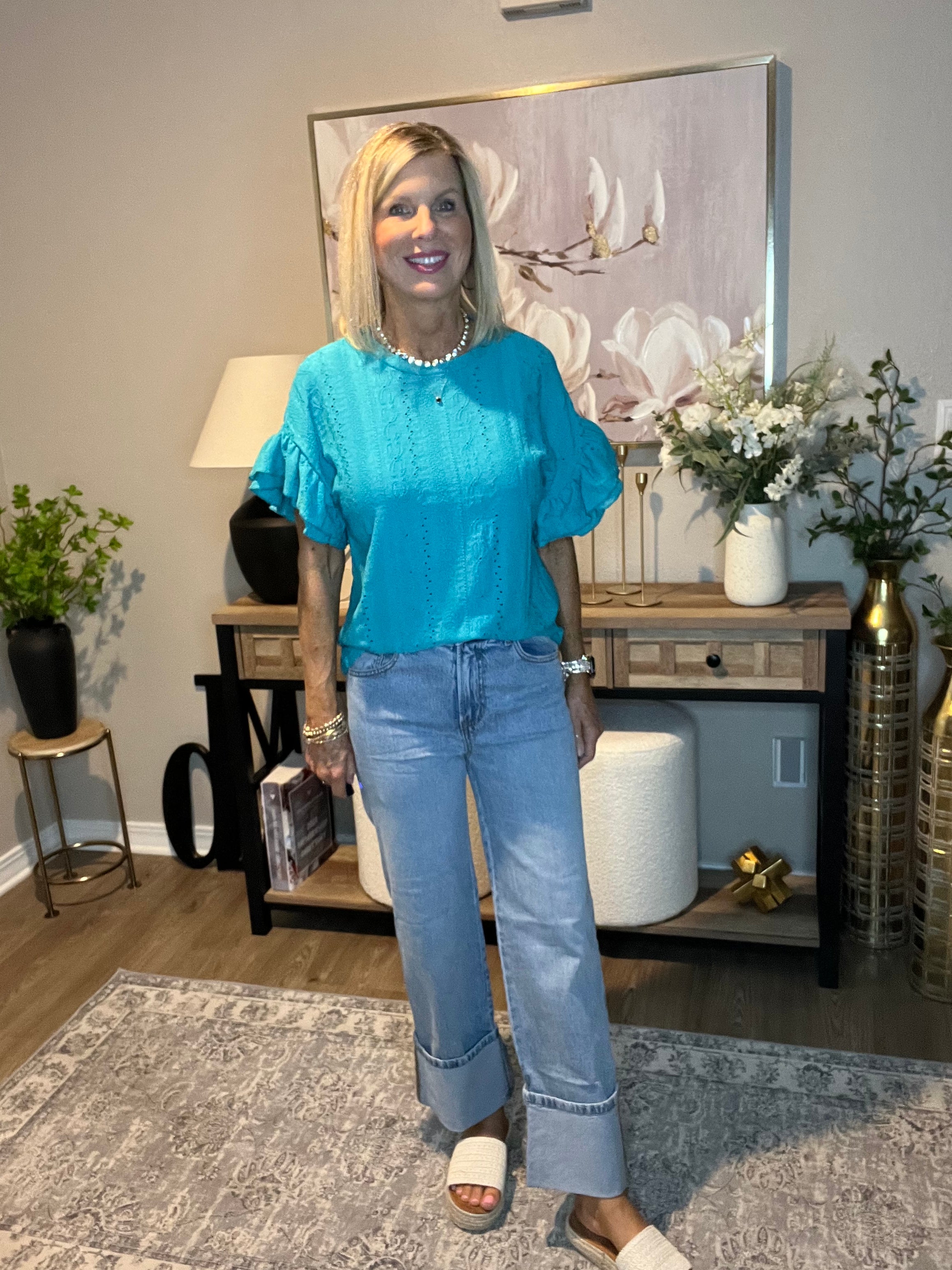 High Rise Cuffed Wide Leg Denim Jeans
