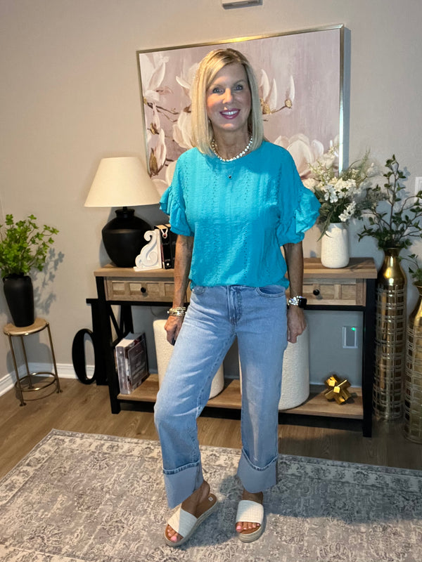 High Rise Cuffed Wide Leg Denim Jeans