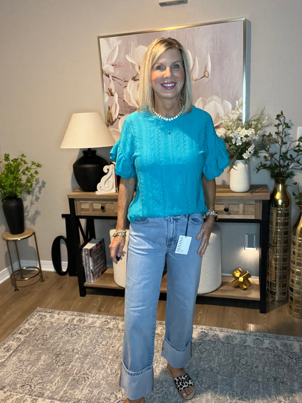 High Rise Cuffed Wide Leg Denim Jeans