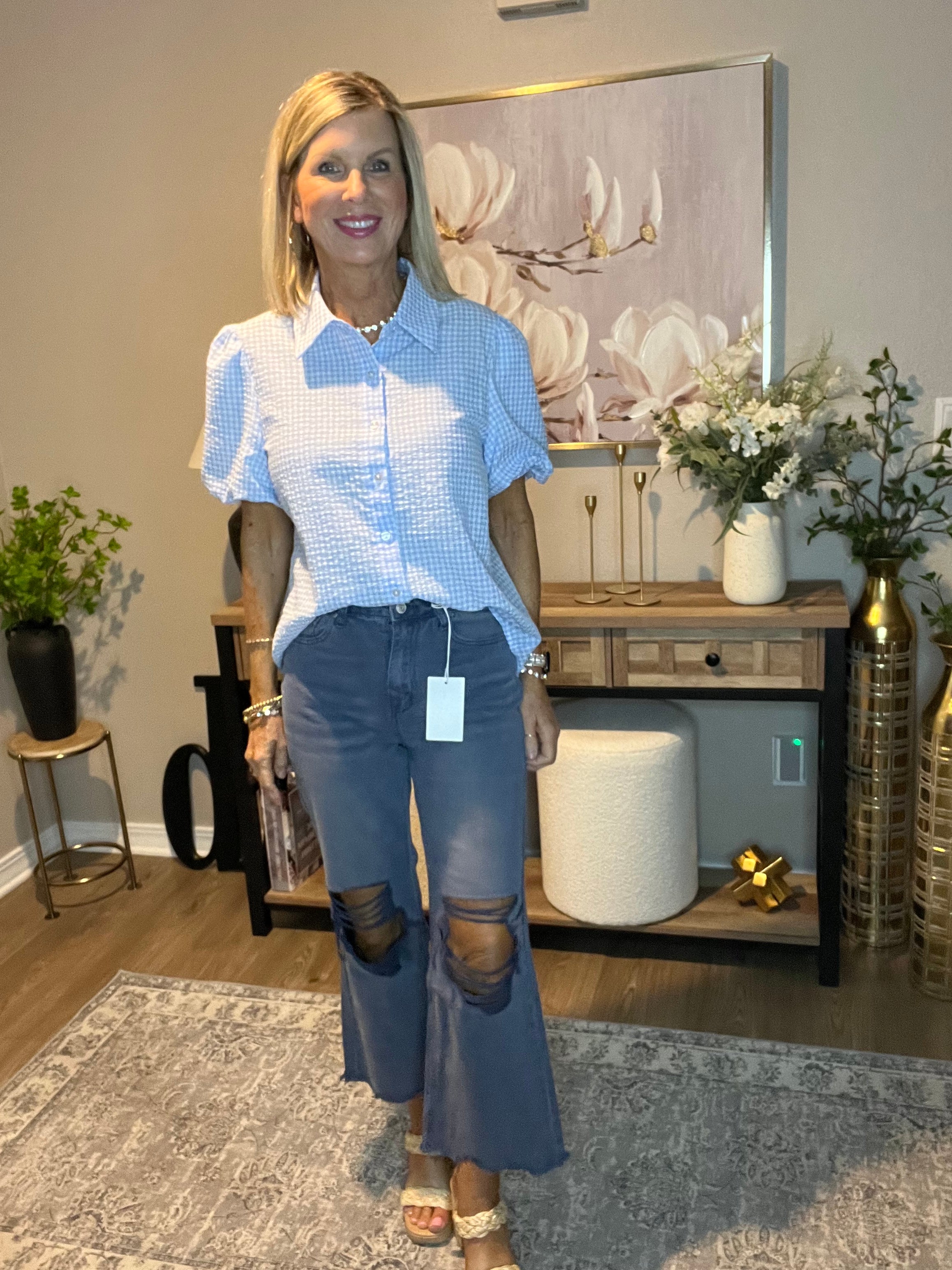 Washed Distressed Knee and Hem Cropped Pants Blackberry