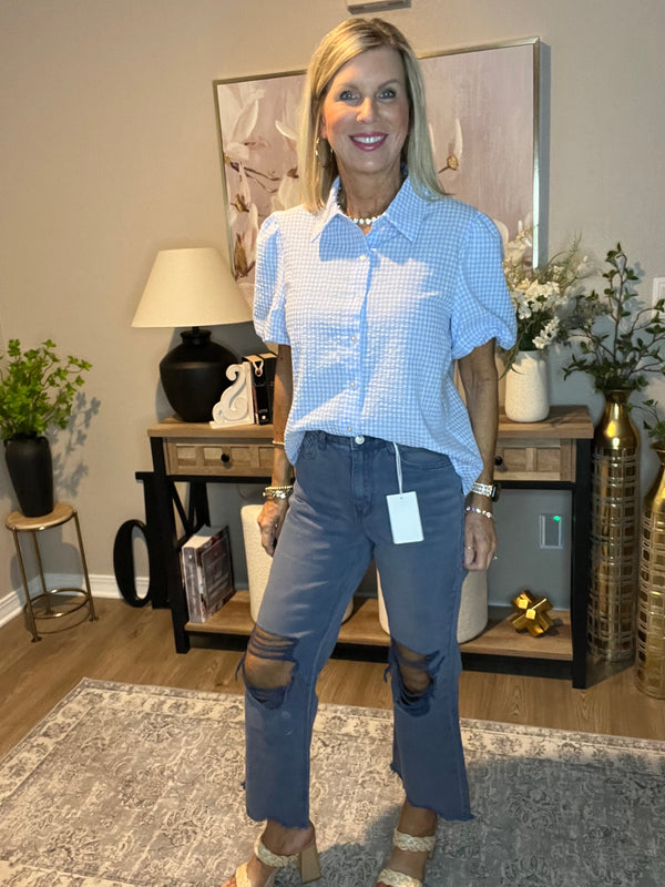 Washed Distressed Knee and Hem Cropped Pants Blackberry