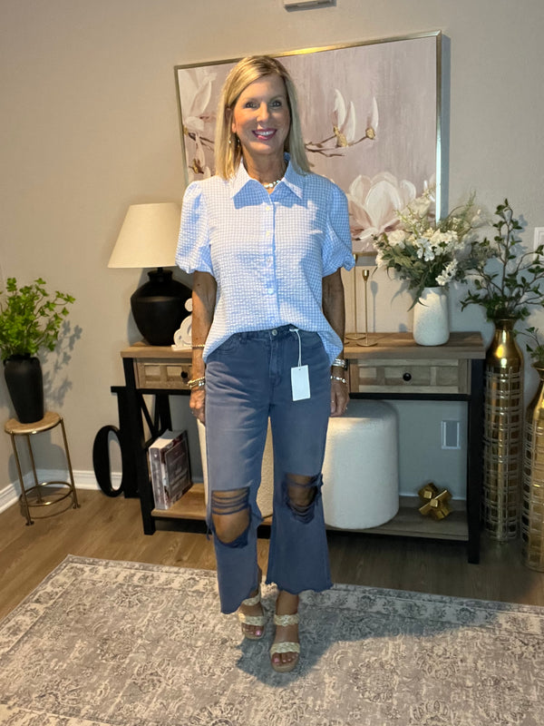 Washed Distressed Knee and Hem Cropped Pants Blackberry