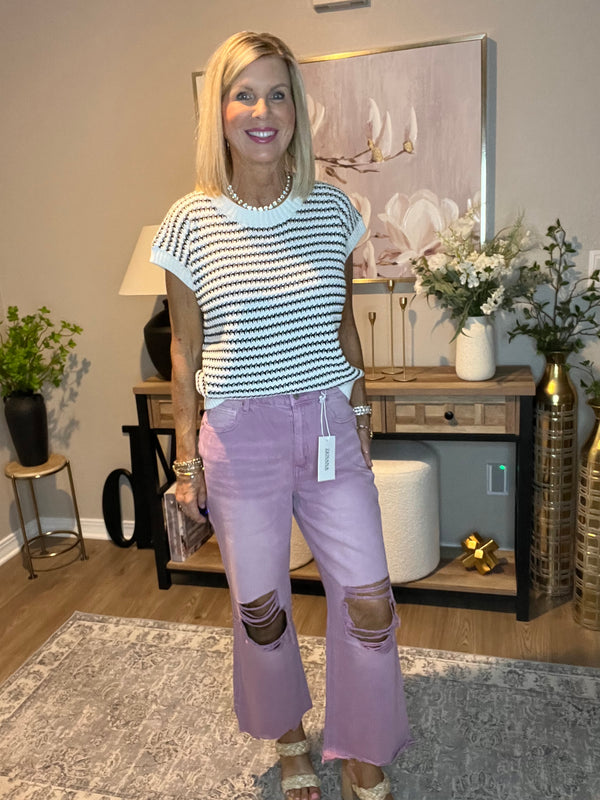 Washed Distressed Knee and Hem Cropped Pants Violet