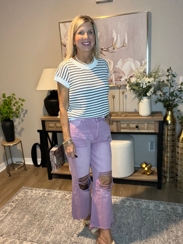 Washed Distressed Knee and Hem Cropped Pants Violet