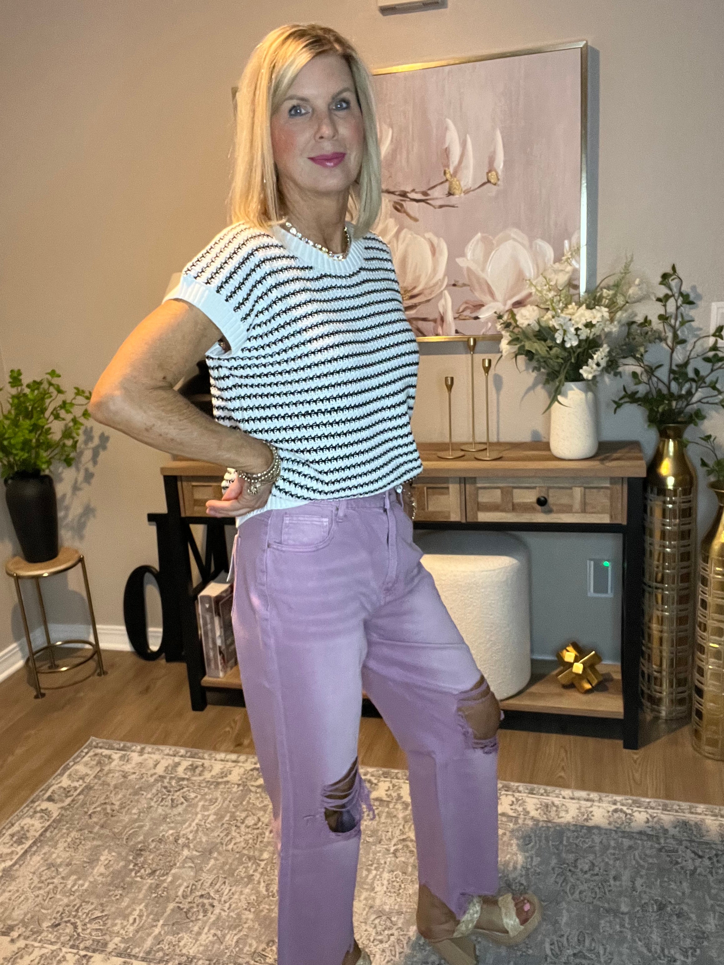 Washed Distressed Knee and Hem Cropped Pants Violet