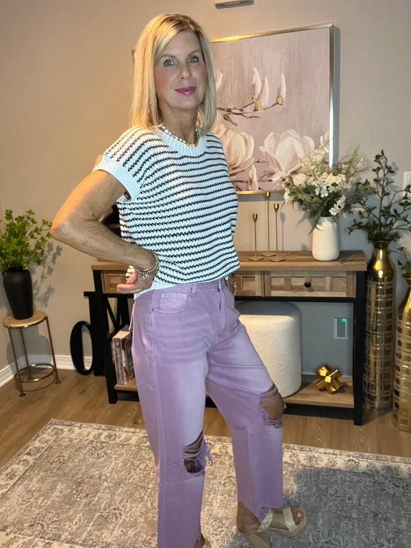 Washed Distressed Knee and Hem Cropped Pants Violet