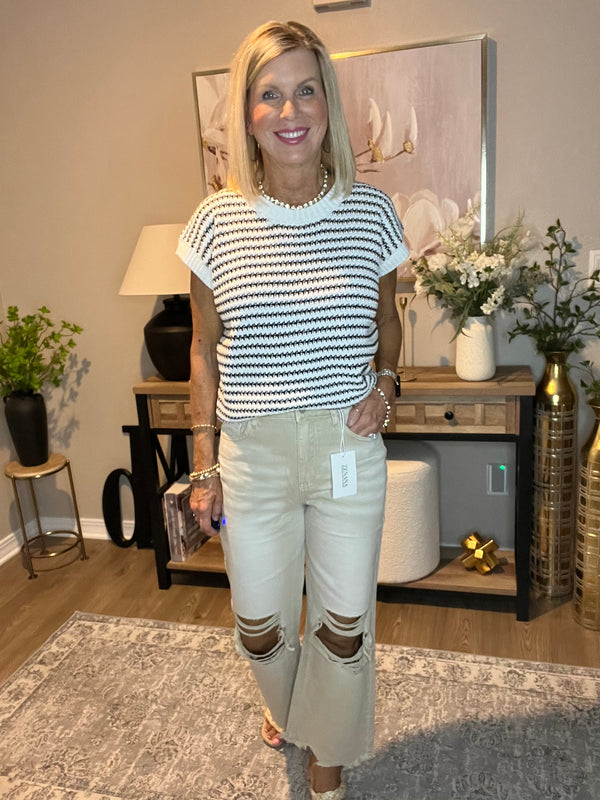 Washed Distressed Knee and Hem Cropped Pants Sand Beige