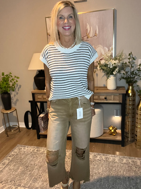 Washed Distressed Knee and Hem Cropped Pants Zenana Deep Camel