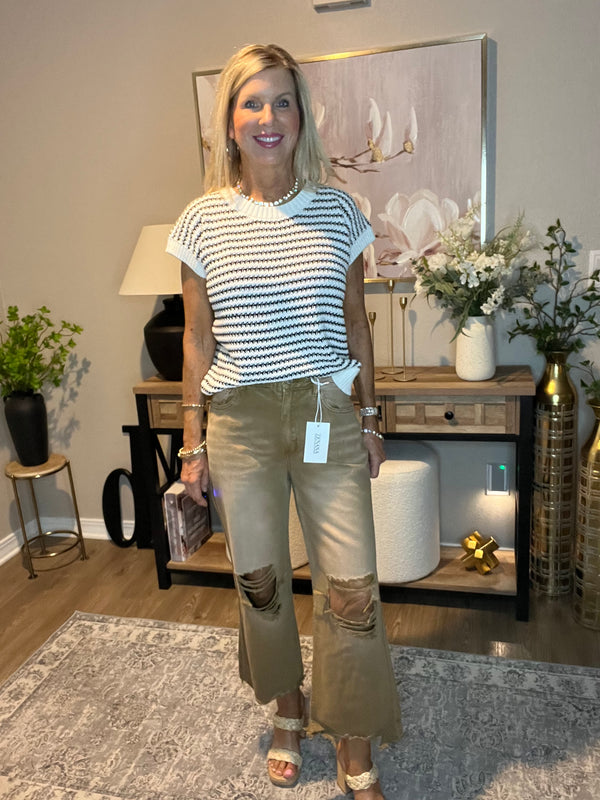 Washed Distressed Knee and Hem Cropped Pants Zenana Deep Camel