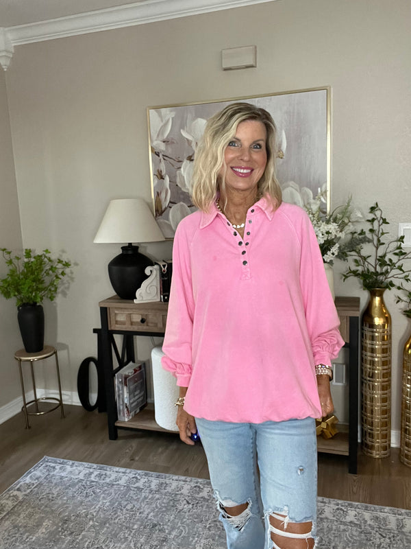 Pink Solid Snap Buttons Collared Balloon Sleeve Oversized Sweatshirt