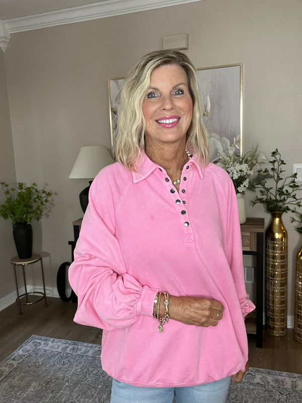Pink Solid Snap Buttons Collared Balloon Sleeve Oversized Sweatshirt