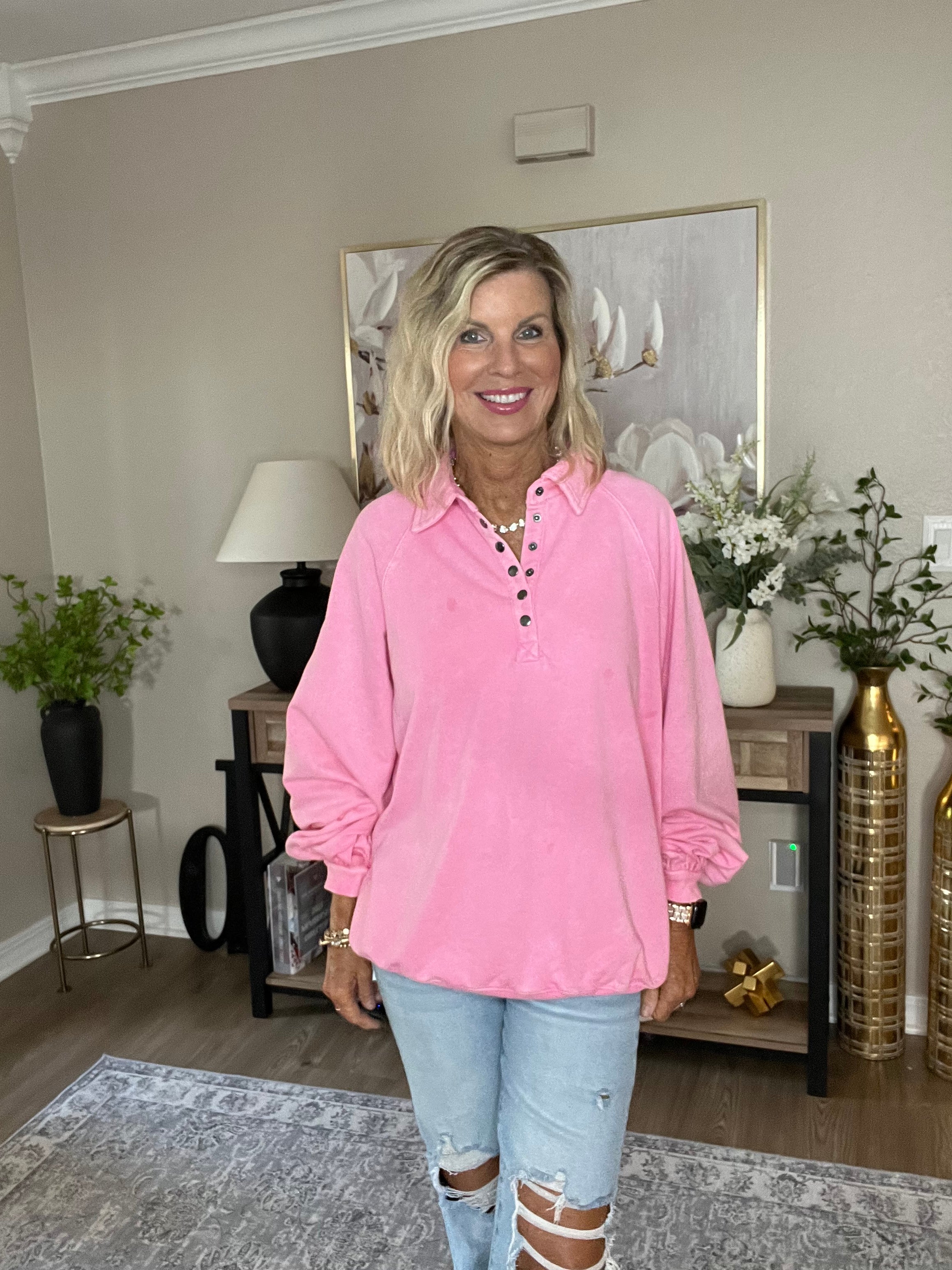 Pink Solid Snap Buttons Collared Balloon Sleeve Oversized Sweatshirt