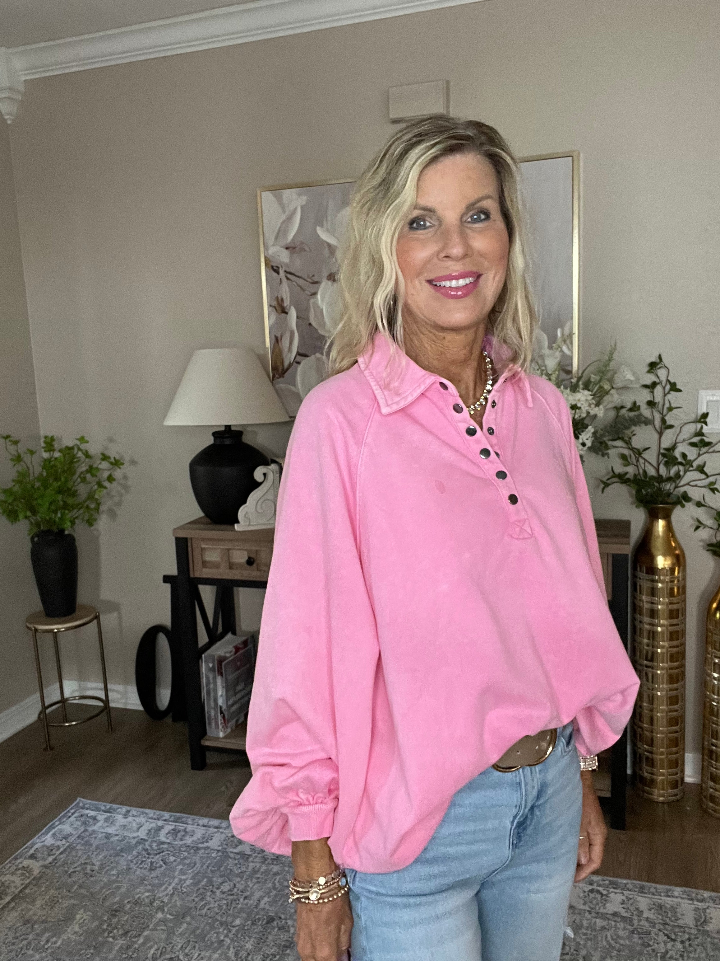 Pink Solid Snap Buttons Collared Balloon Sleeve Oversized Sweatshirt