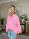 Pink Solid Snap Buttons Collared Balloon Sleeve Oversized Sweatshirt