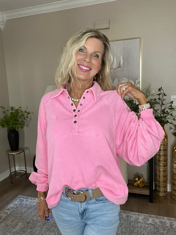 Pink Solid Snap Buttons Collared Balloon Sleeve Oversized Sweatshirt