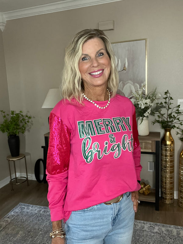 Merry & Bright on Hot Pink Sweatshirt