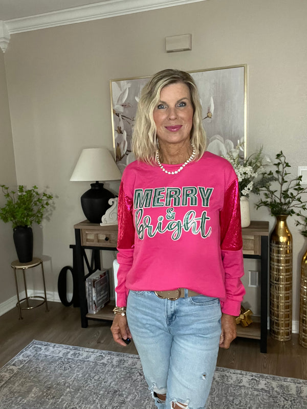 Merry & Bright on Hot Pink Sweatshirt