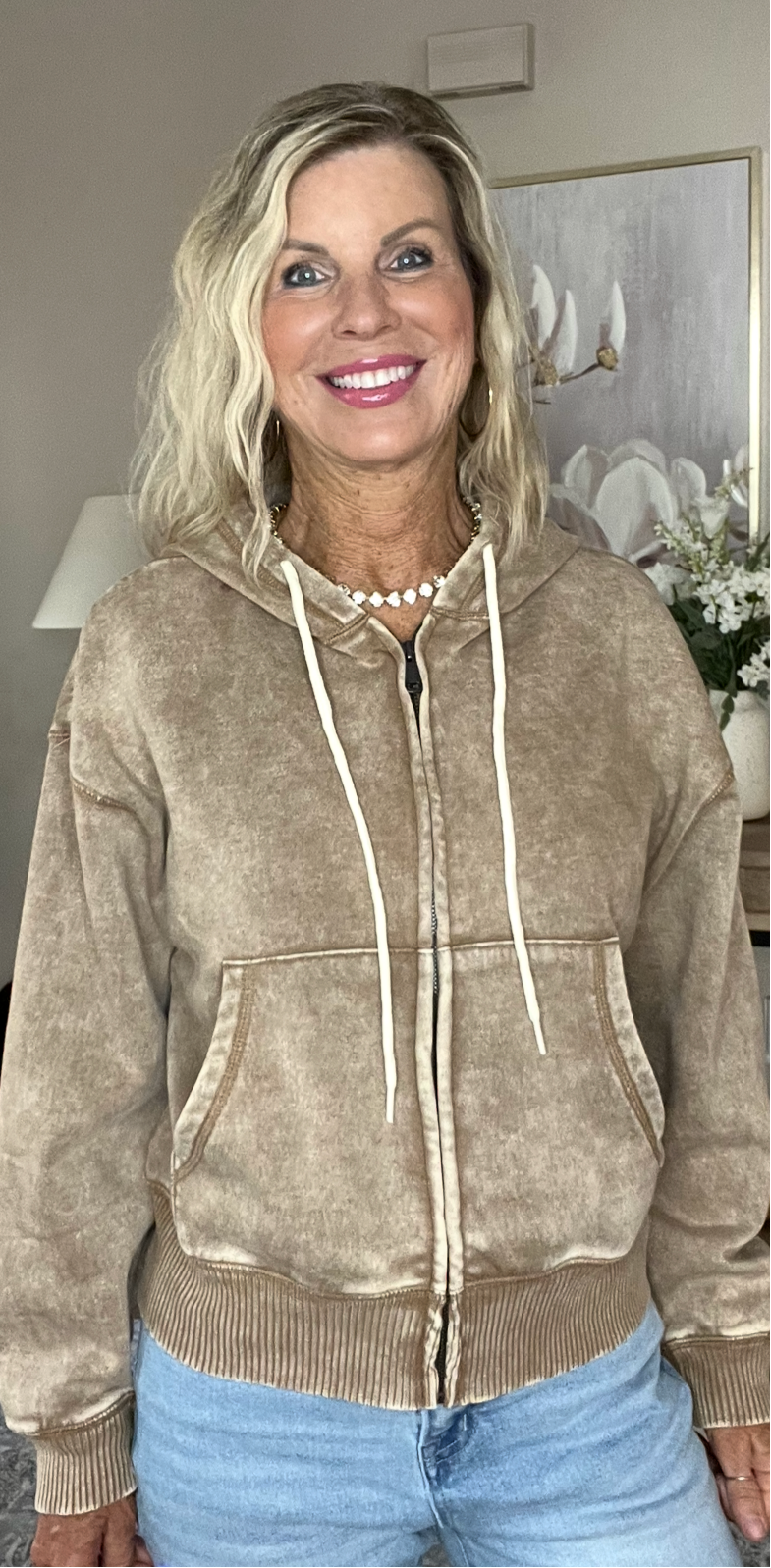 Acid Wash Fleece Cropped Zip-Up Hoodie w Pockets - 2 Colors