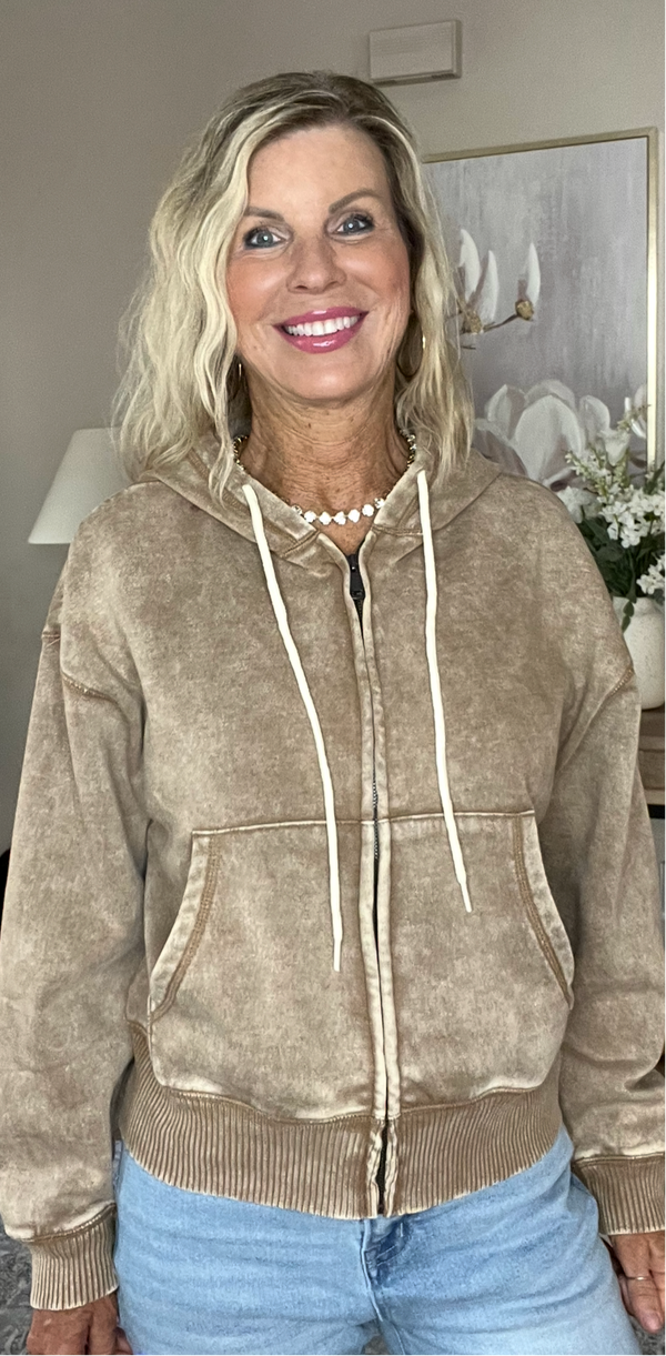 Acid Wash Fleece Cropped Zip-Up Hoodie w Pockets - 2 Colors