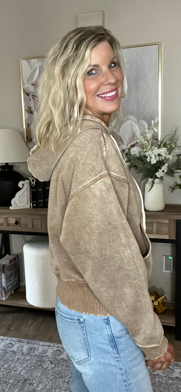 Acid Wash Fleece Cropped Zip-Up Hoodie w Pockets - 2 Colors