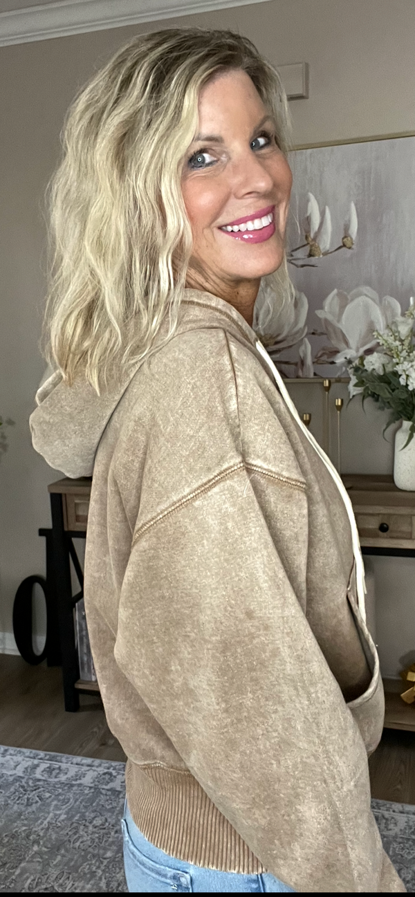 Acid Wash Fleece Cropped Zip-Up Hoodie w Pockets - 2 Colors