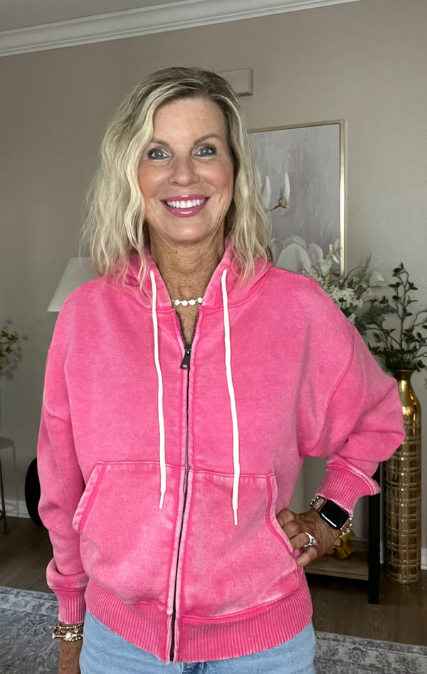 Acid Wash Fleece Cropped Zip-Up Hoodie w Pockets - 2 Colors