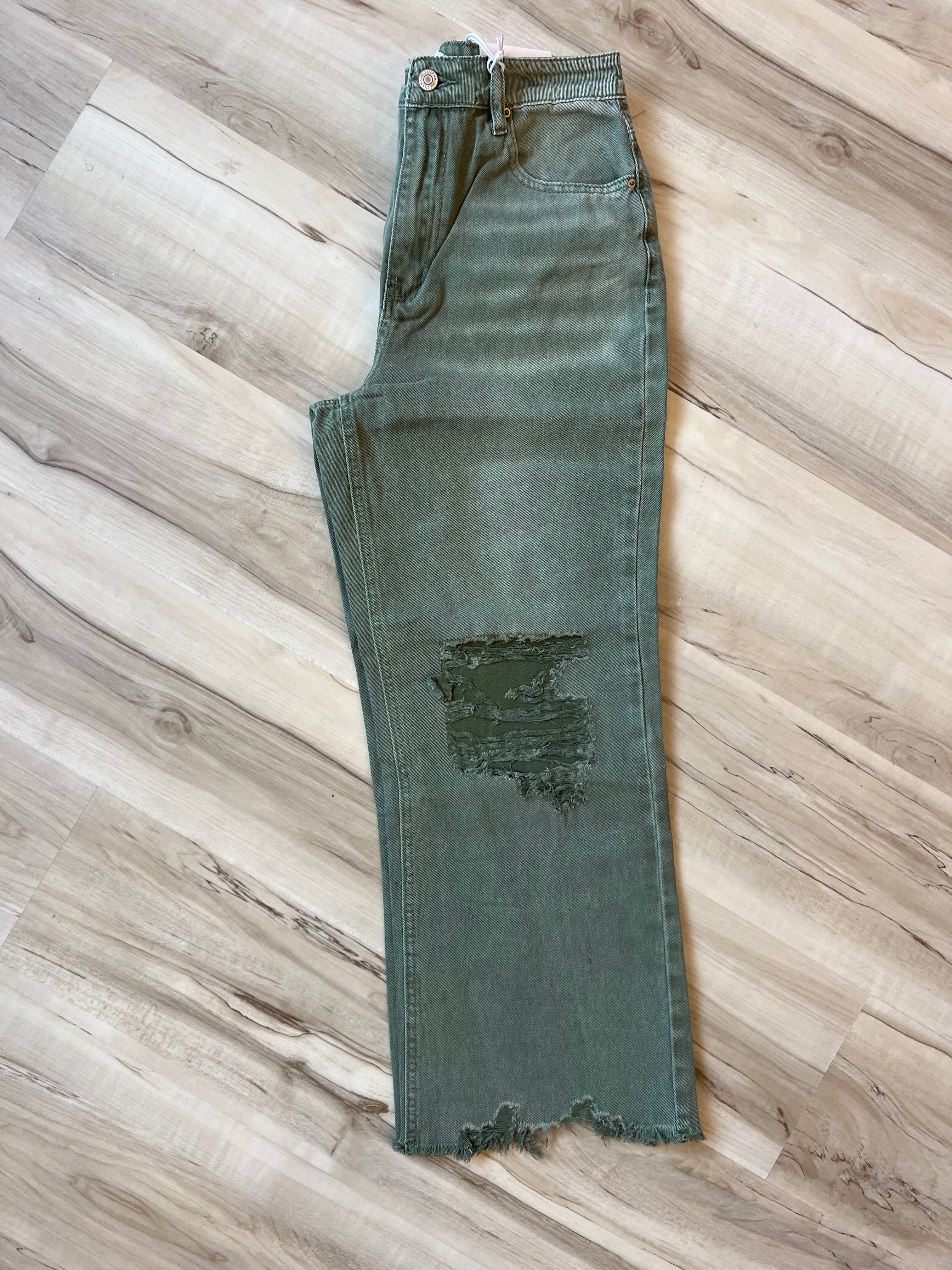 Washed Distressed Knee and Hem Cropped Pants Olive