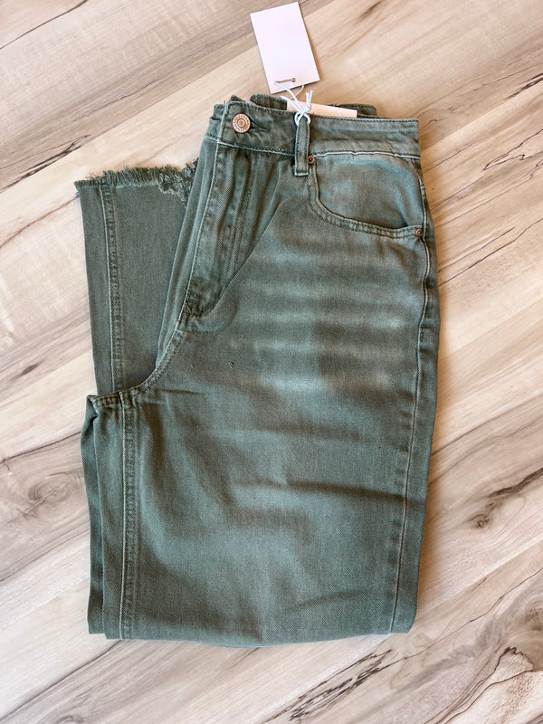 Washed Distressed Knee and Hem Cropped Pants Olive