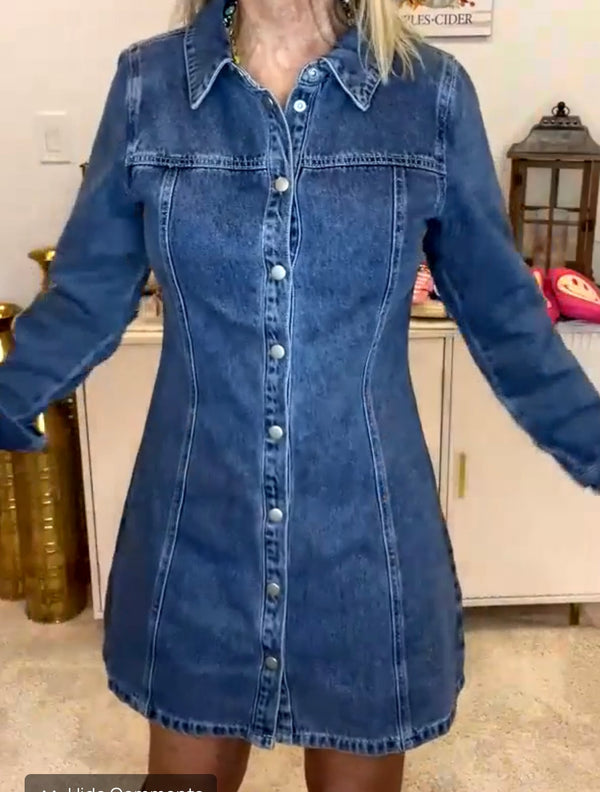 Denim Mini Dress with Front Snap Button Closure Long Sleeved
