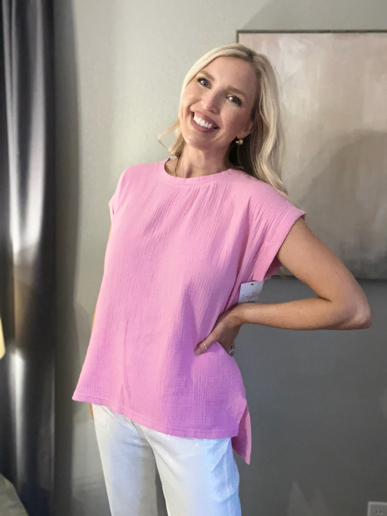 Zenana Double Gauze Round Neck Folded Short Sleeve Top