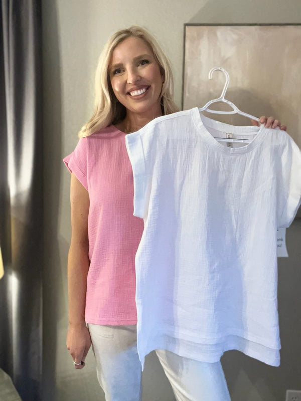 Zenana Double Gauze Round Neck Folded Short Sleeve Top