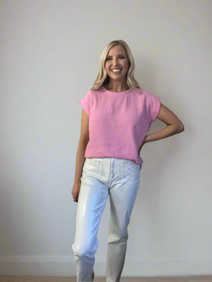 Zenana Double Gauze Round Neck Folded Short Sleeve Top