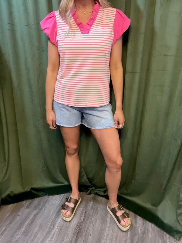Stripe Ruffled V Neck Cap Puff Sleeve Top