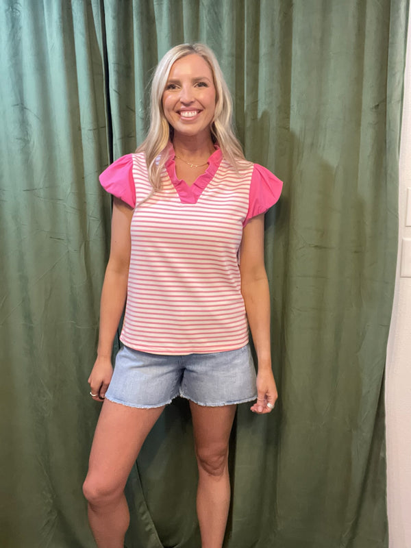 Stripe Ruffled V Neck Cap Puff Sleeve Top